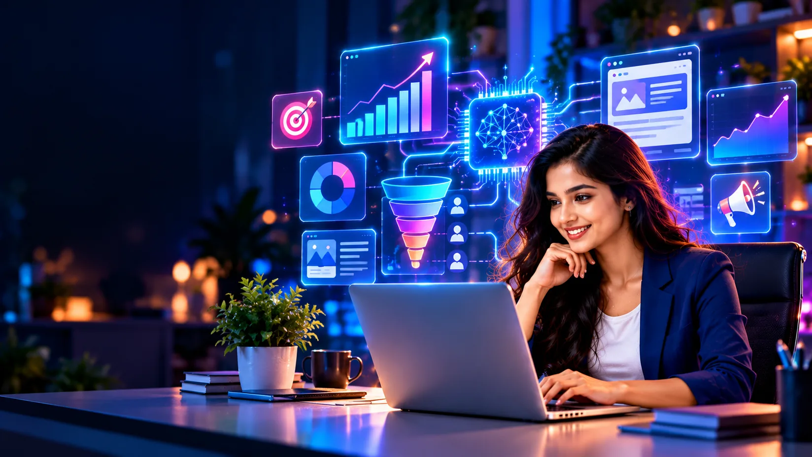 Advanced digital marketing course with AI, live online by TryAdRank Bhubaneswar: student learning on a laptop with AI, funnel and analytics icons