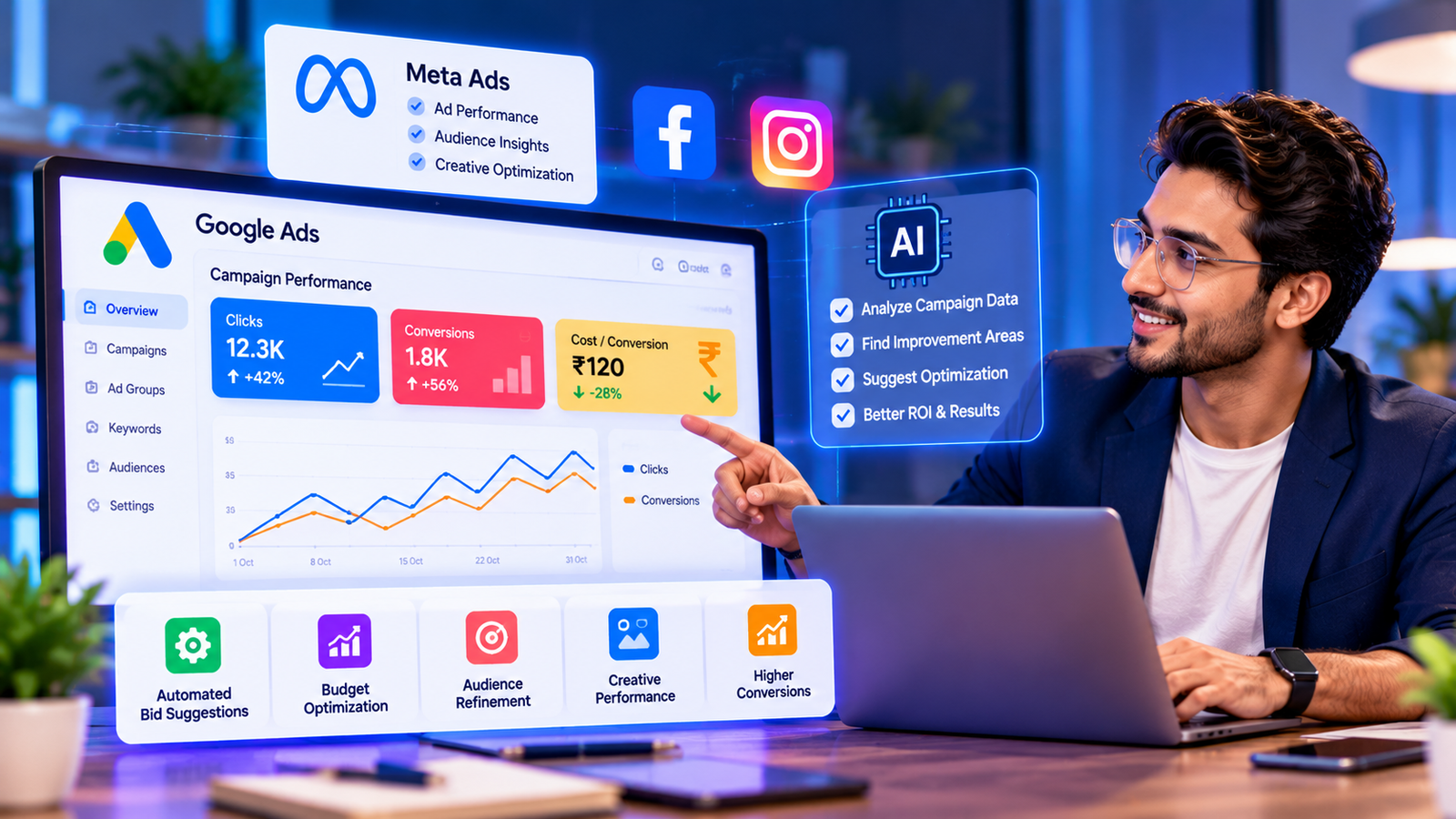 Google Ads and Meta Ads campaign optimization and performance analytics